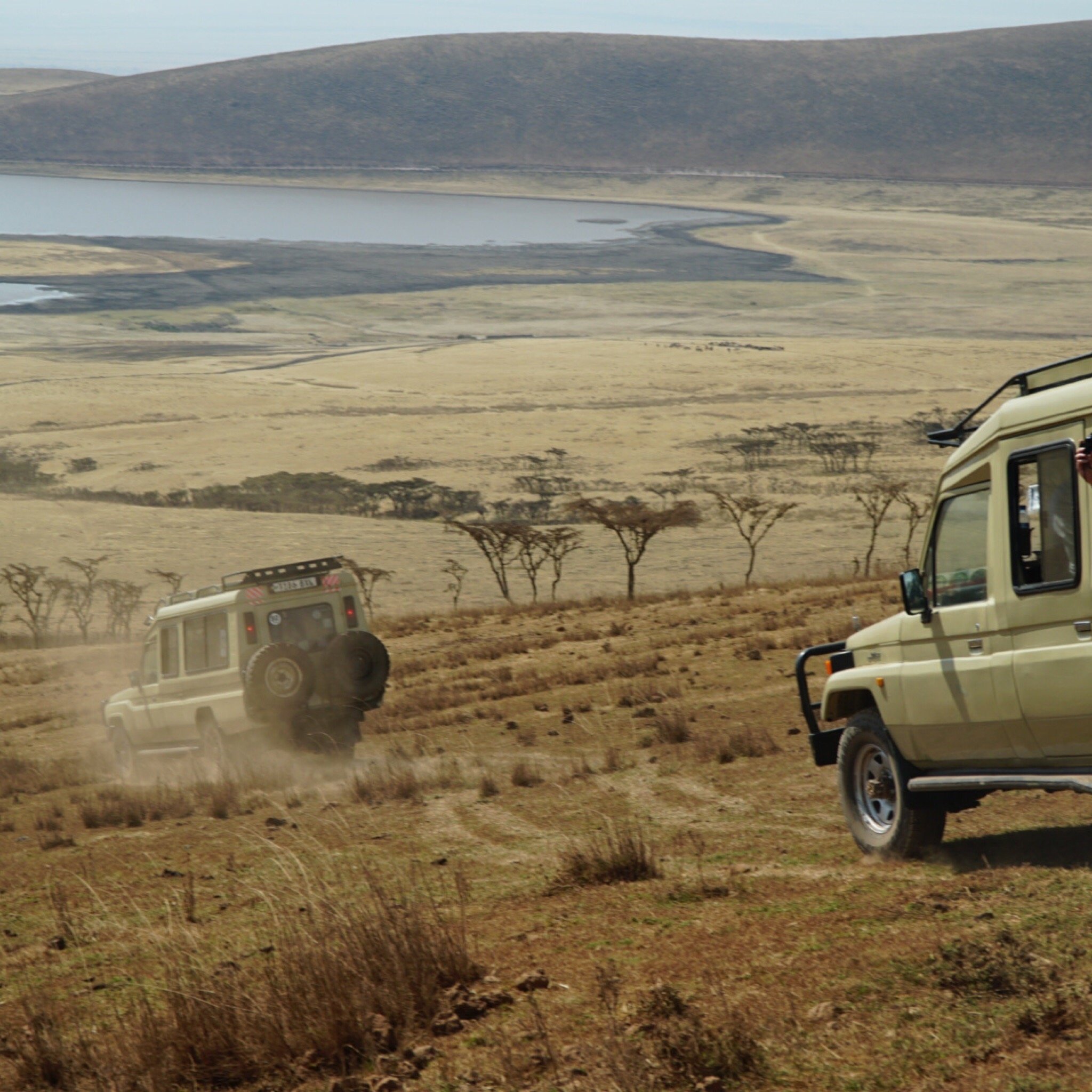 Safari vehicles on a game-drive track in Lake Manyara National Park